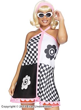60s babe, costume dress, halterneck, flowers, checkered pattern
